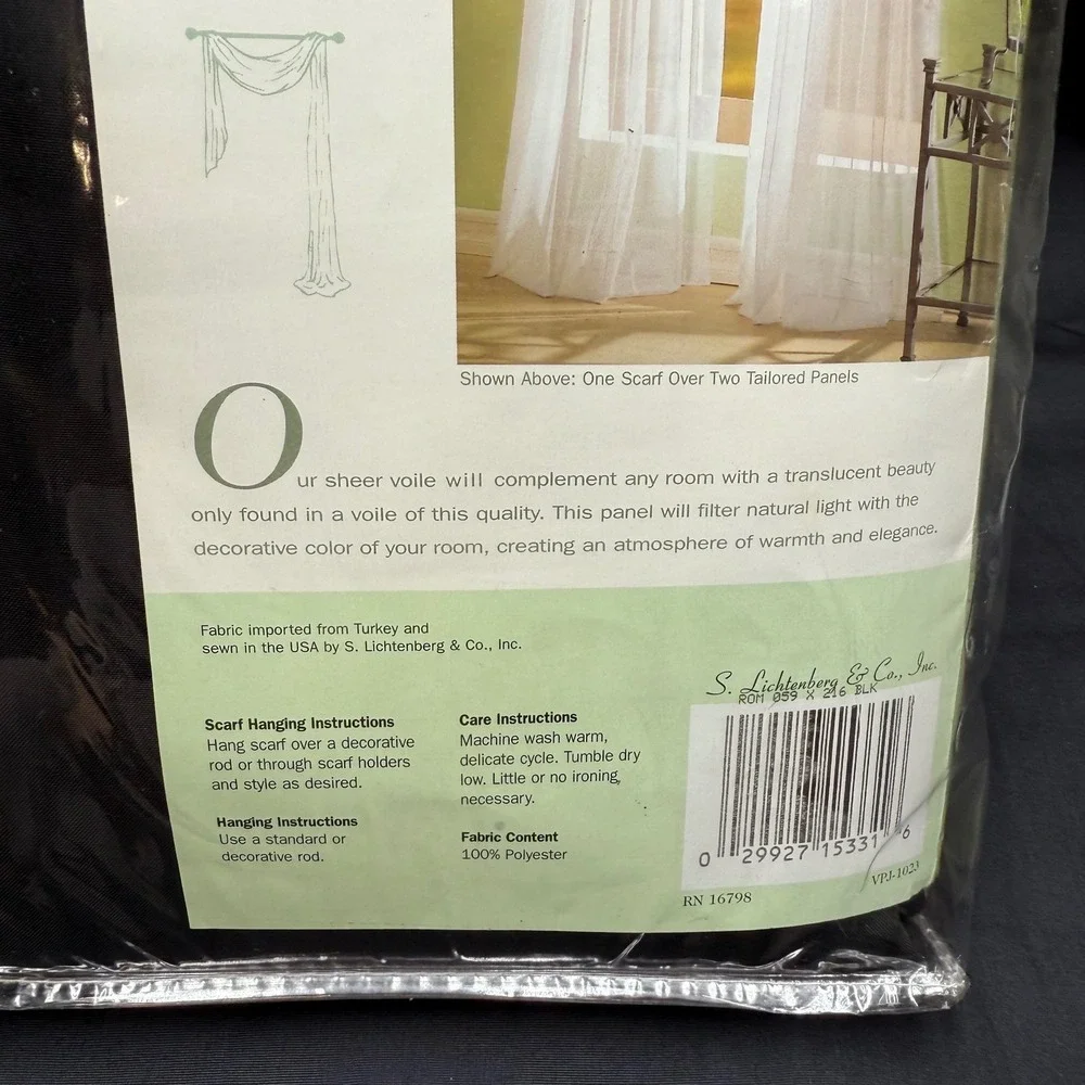 S. Lichtenberg Roma Black Sheer Voile Window Scarf Valance 59 x 216 Curtain New